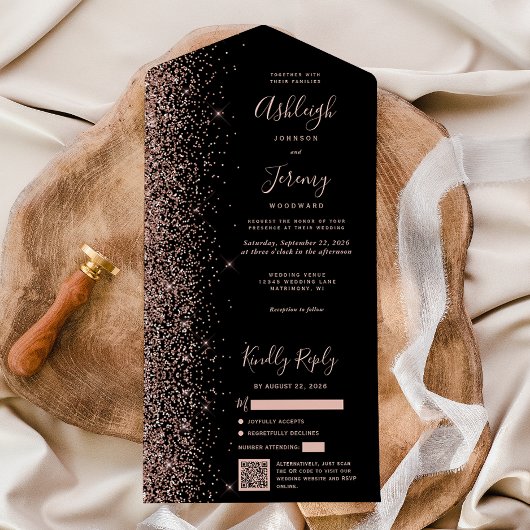 Rose Gold Glitter Black QR Code Wedding All In One Uitnodiging