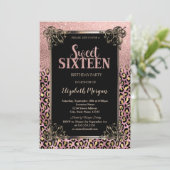 Rose Gold Glitter Border Leopard Sweet 16 Kaart (Staand voorkant)