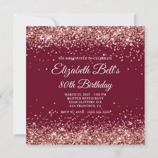 Rose Gold Glitter Burgundy 80th Birthday Kaart (Voorkant)