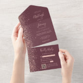Rose Gold Glitter Burgundy QR Code Wedding All In One Uitnodiging (Afscheurbaar)