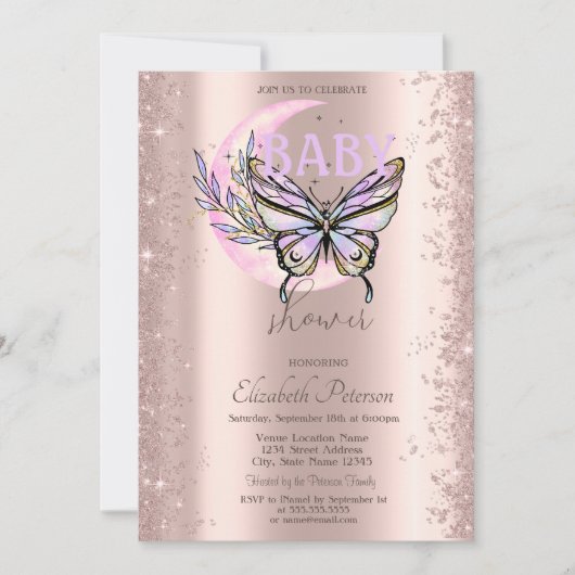 Rose Gold Glitter Butterfly Moon Baby Shower Kaart (Voorkant)