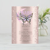 Rose Gold Glitter Butterfly Moon Baby Shower Kaart (Staand voorkant)
