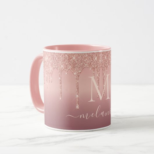 Rose Gold Glitter Coffee Mug Your Name and Letter Mok (Voorkant links)