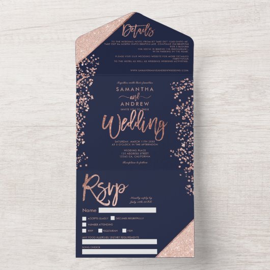 Rose gold glitter confetti navy blue wedding all in one uitnodiging (Binnen)
