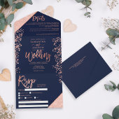 Rose gold glitter confetti navy blue wedding all in one uitnodiging