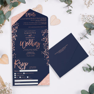 Rose gold glitter confetti navy blue wedding all in one uitnodiging
