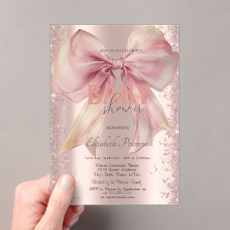 Rose Gold Glitter Confetti Pink Bow Baby Shower Acryl Uitnodigingen