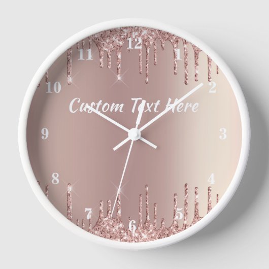 Rose Gold Glitter Custom Text Name Clock Gift (Voorkant)