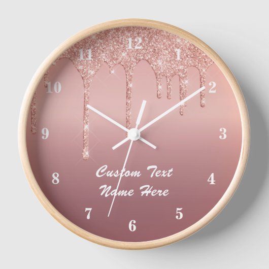 Rose Gold Glitter Custom Text Wall Clock Gift (Voorkant)