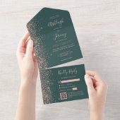 Rose Gold Glitter Dark Green QR Code Wedding All In One Uitnodiging (Afscheurbaar)