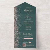 Rose Gold Glitter Dark Green QR Code Wedding All In One Uitnodiging (Binnen)
