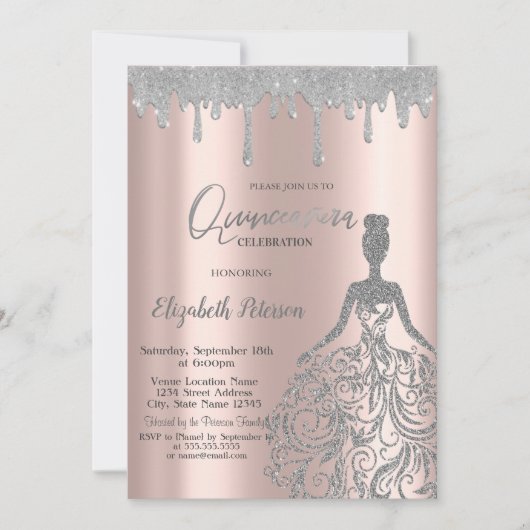 Rose Gold,Glitter Dress Drips Silver Quinceanera Kaart (Voorkant)