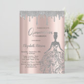 Rose Gold,Glitter Dress Drips Silver Quinceanera Kaart (Staand voorkant)