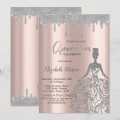 Rose Gold,Glitter Dress Drips Silver Quinceanera Kaart (Voorkant / Achterkant)