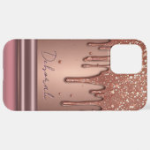 Rose Gold Glitter Drip Custom Name Monogram iPhone Hoesje (Achterkant horizontaal)