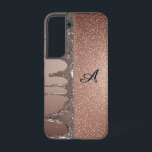 Rose Gold Glitter Drip Custom Name Monogram Samsung Galaxy Hoesje<br><div class="desc">Custom Name Monogram with Rose gold metallic liquid dripping against a sparkling bokeh background,  creating a luxurious glitter texture ideal for beauty,  fashion,  cosmetic and holiday design projects with warm,  glamorous tones.</div>