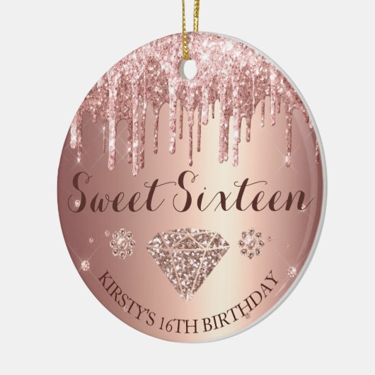 Rose Gold Glitter Drip Diamond Sweet Sixteen Keramisch Ornament (Links)