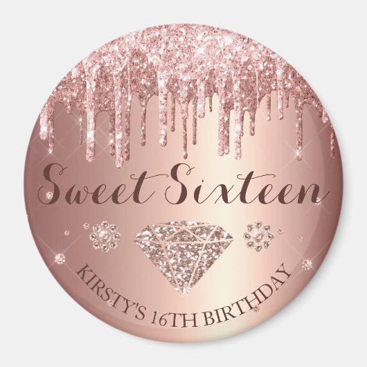 Rose Gold Glitter Drip Diamond Sweet Sixteen Magneet (Voorkant)