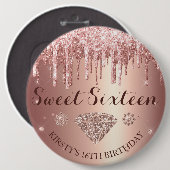 Rose Gold Glitter Drip Diamond Sweet Sixteen Ronde Button 6,0 Cm (Voorkant /achterkant)