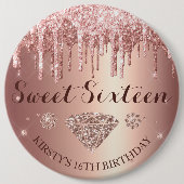 Rose Gold Glitter Drip Diamond Sweet Sixteen Ronde Button 6,0 Cm (Voorkant)