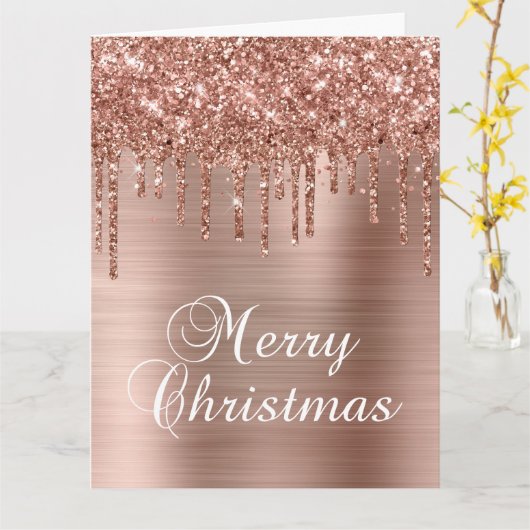 Rose Gold Glitter Drips Metallic Merry Christmas Kaart (Gele Bloem)