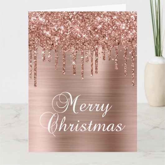 Rose Gold Glitter Drips Metallic Merry Christmas Kaart (Voorkant)
