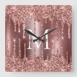 Rose Gold Glitter Drips Monogram Personalized Vierkante Klok