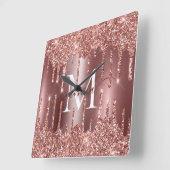 Rose Gold Glitter Drips Monogram Personalized Vierkante Klok (Hoek)