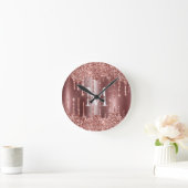 Rose Gold Glitter Drips Monogram Personalized Wall Ronde Klok (Huis)