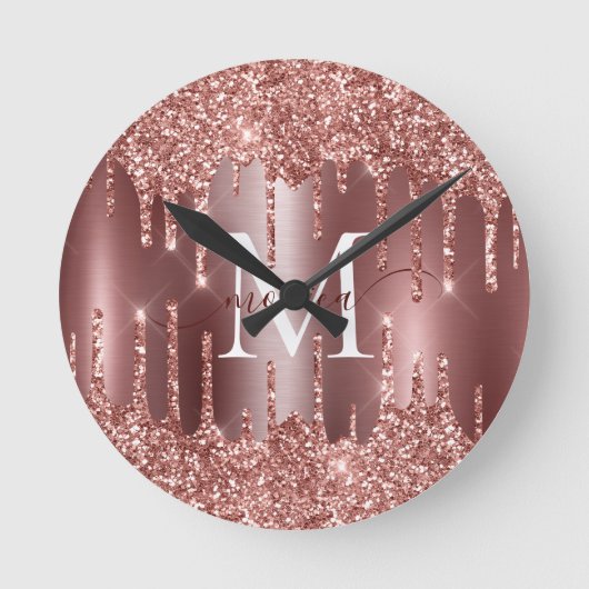 Rose Gold Glitter Drips Monogram Personalized Wall Ronde Klok (Voorkant)