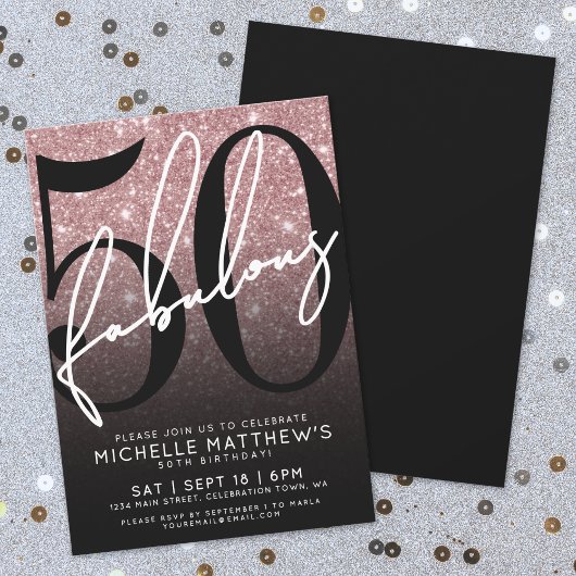 Rose Gold Glitter Fifty Fabulous 50th Birthday Kaart