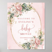 Rose Gold Glitter Floral Welcome Baby Shower Sign Poster (Voorkant)
