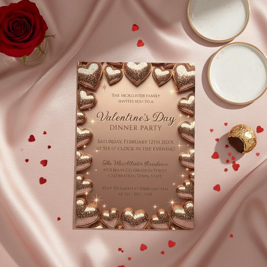 Rose Gold Glitter Hearts Valentine's Day Party Kaart