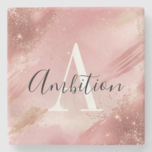 Rose Gold Glitter Monogram Stone Coaster – Custom Stenen Onderzetter (Voorkant)