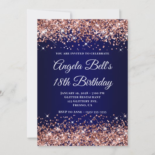 Rose Gold Glitter Navy Blue Ombre 18th Birthday Kaart (Voorkant)
