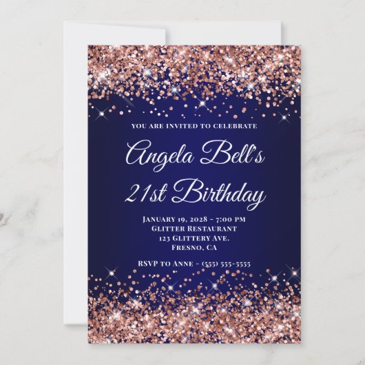 Rose Gold Glitter Navy Blue Ombre 21st Birthday Kaart (Voorkant)