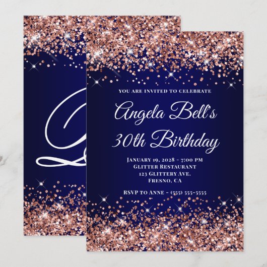Rose Gold Glitter Navy Blue Ombre 30th Birthday Kaart (Voorkant / Achterkant)