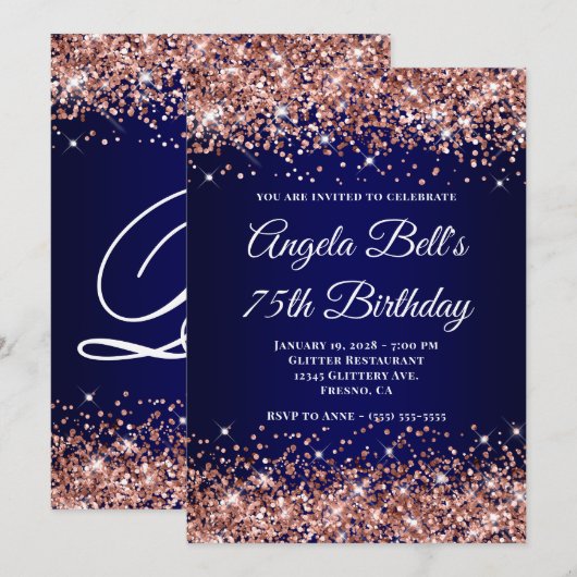 Rose Gold Glitter Navy Blue Ombre 75th Birthday Kaart (Voorkant / Achterkant)