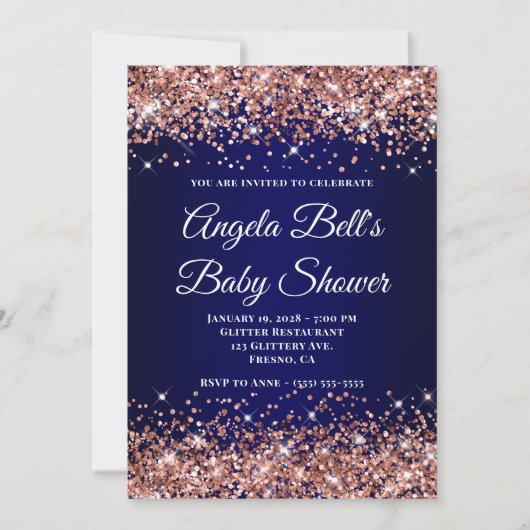 Rose Gold Glitter Navy Blue Ombre Baby Shower Kaart (Voorkant)
