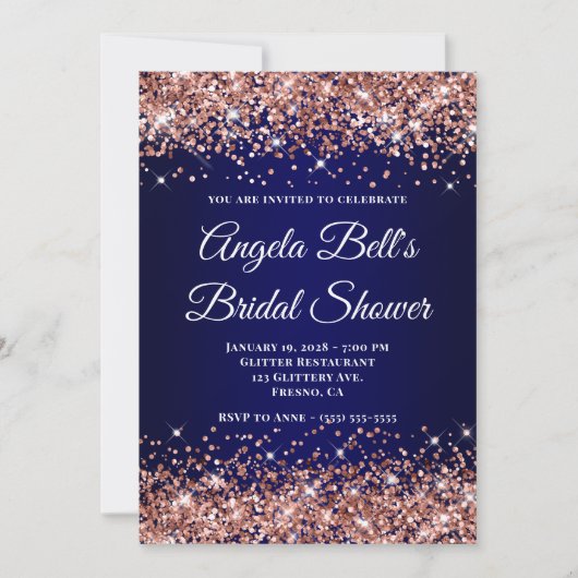 Rose Gold Glitter Navy Blue Ombre Bridal Shower Kaart (Voorkant)