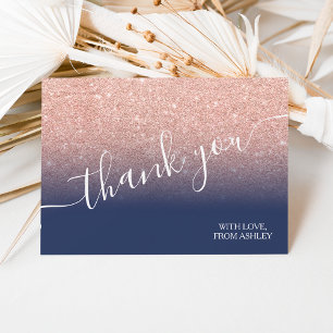 Rose gold glitter navy blue ombre script thank you bedankkaart