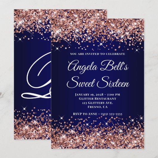 Rose Gold Glitter Navy Blue Ombre Sweet Sixteen Kaart (Voorkant / Achterkant)