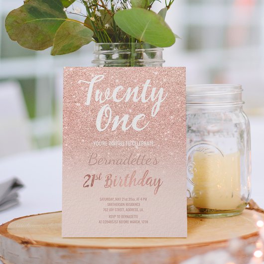 Rose gold glitter ombre script chic 21st Birthday Kaart