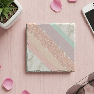 Rose Gold Glitter Pastel Marble Diagonal Stripes Stenen Onderzetter