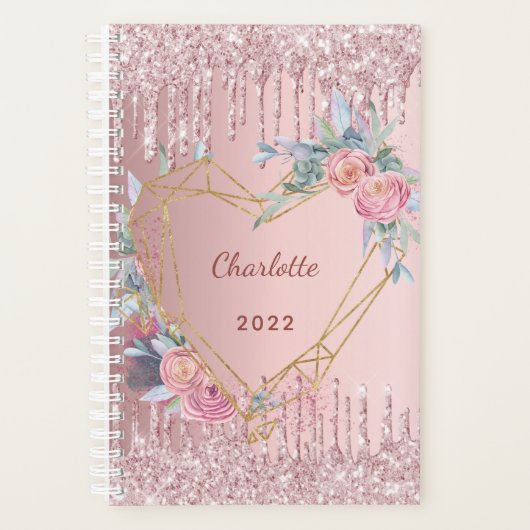 Rose gold glitter pink floral monogram 2023 planner (Voorkant)