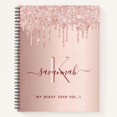 Rose gold glitter pink monogram script diary notitieboek (Voorkant)