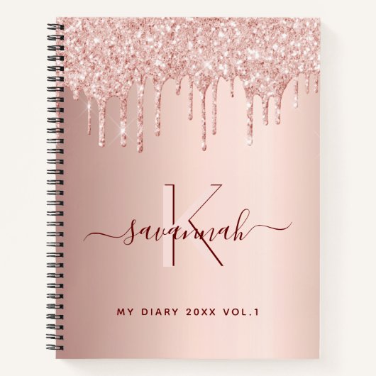 Rose gold glitter pink monogram script diary notitieboek (Voorkant)