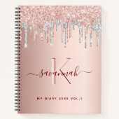 Rose gold glitter pink silver monogram diary notitieboek (Voorkant)