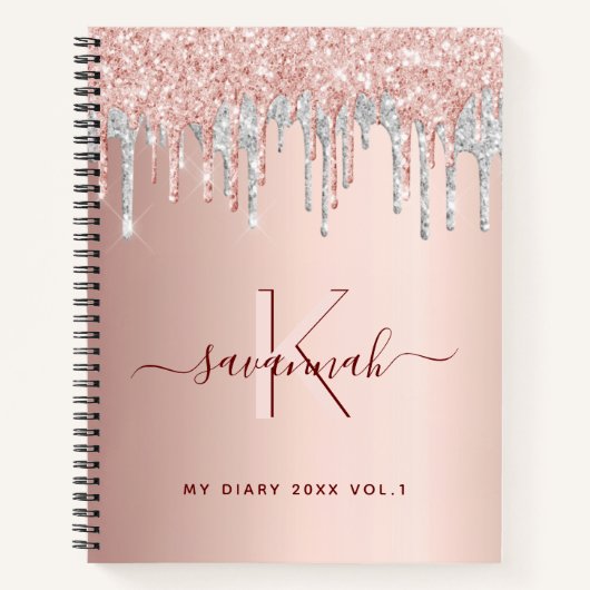 Rose gold glitter pink silver monogram diary notitieboek (Voorkant)