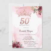 Rose Gold Glitter Roses Crown 50th Birthday Party Kaart (Voorkant)